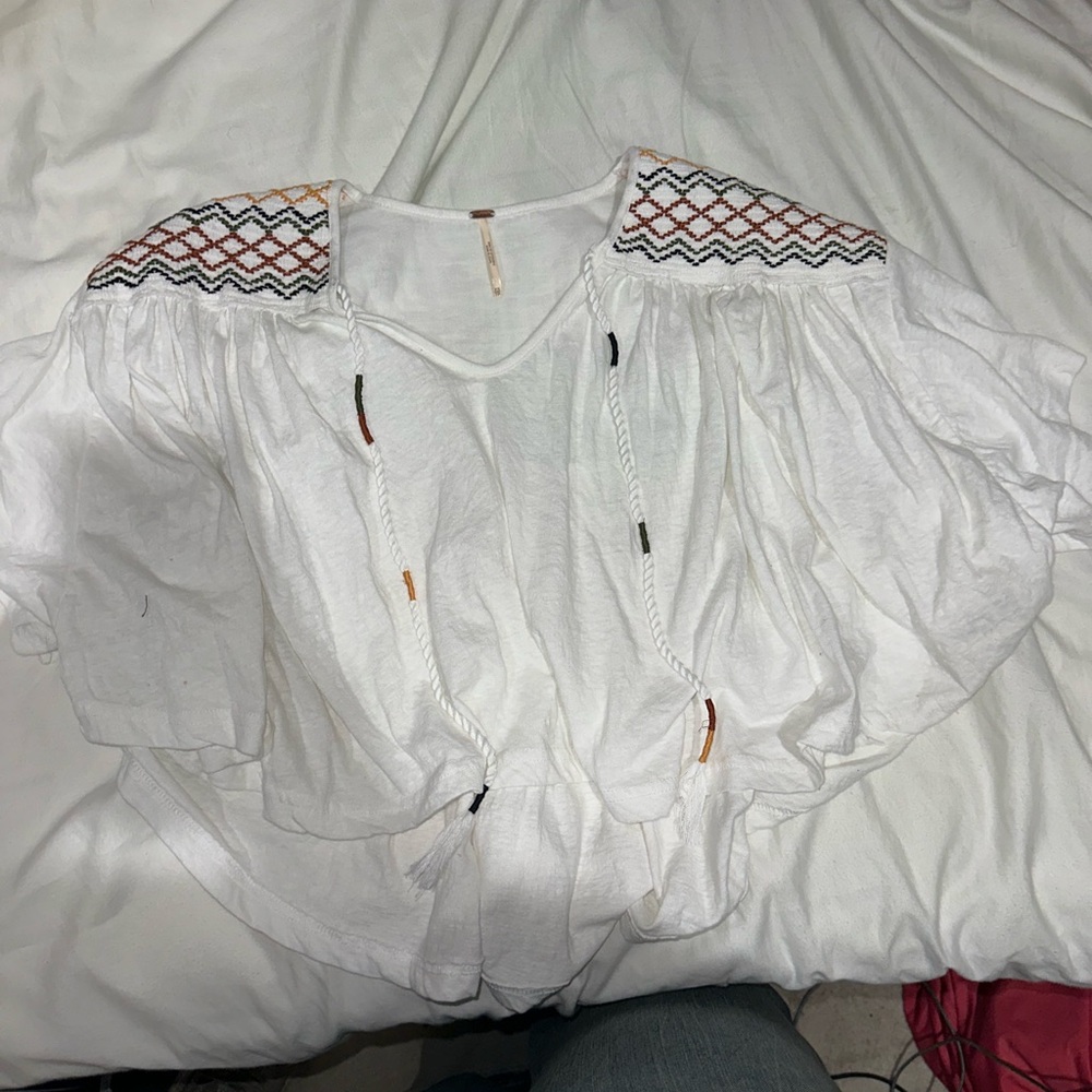 Free People White Blouse with Colorful Embroidery